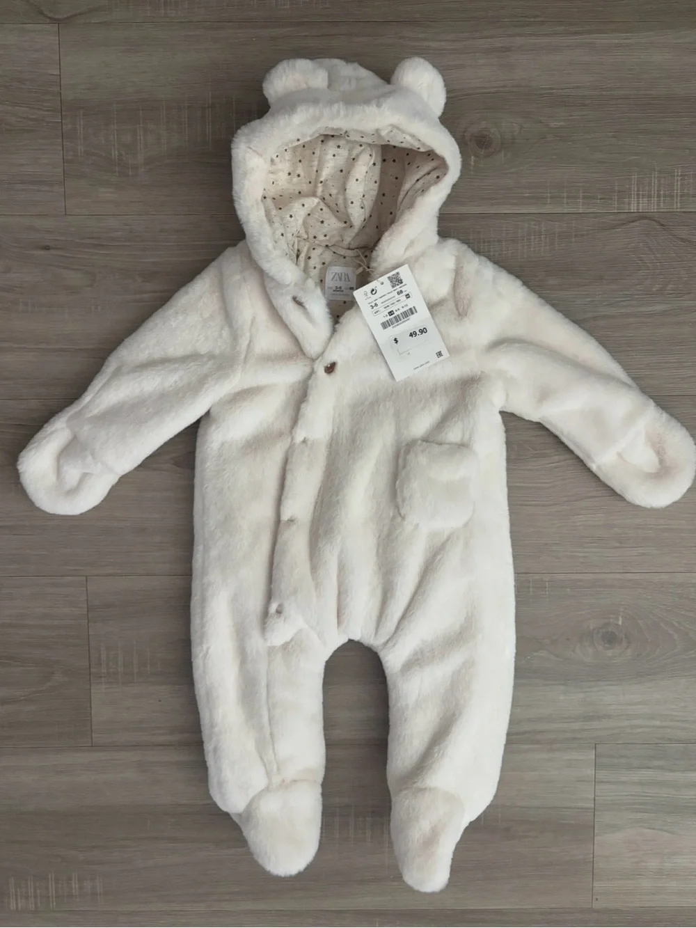 Zara Cream Plush Baby One-Piece Romper for Winter Baby Bear outfit